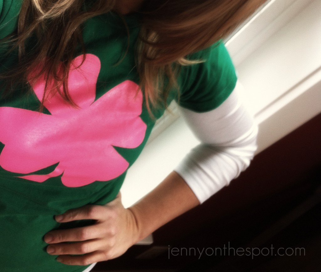 green shirt, pink clover