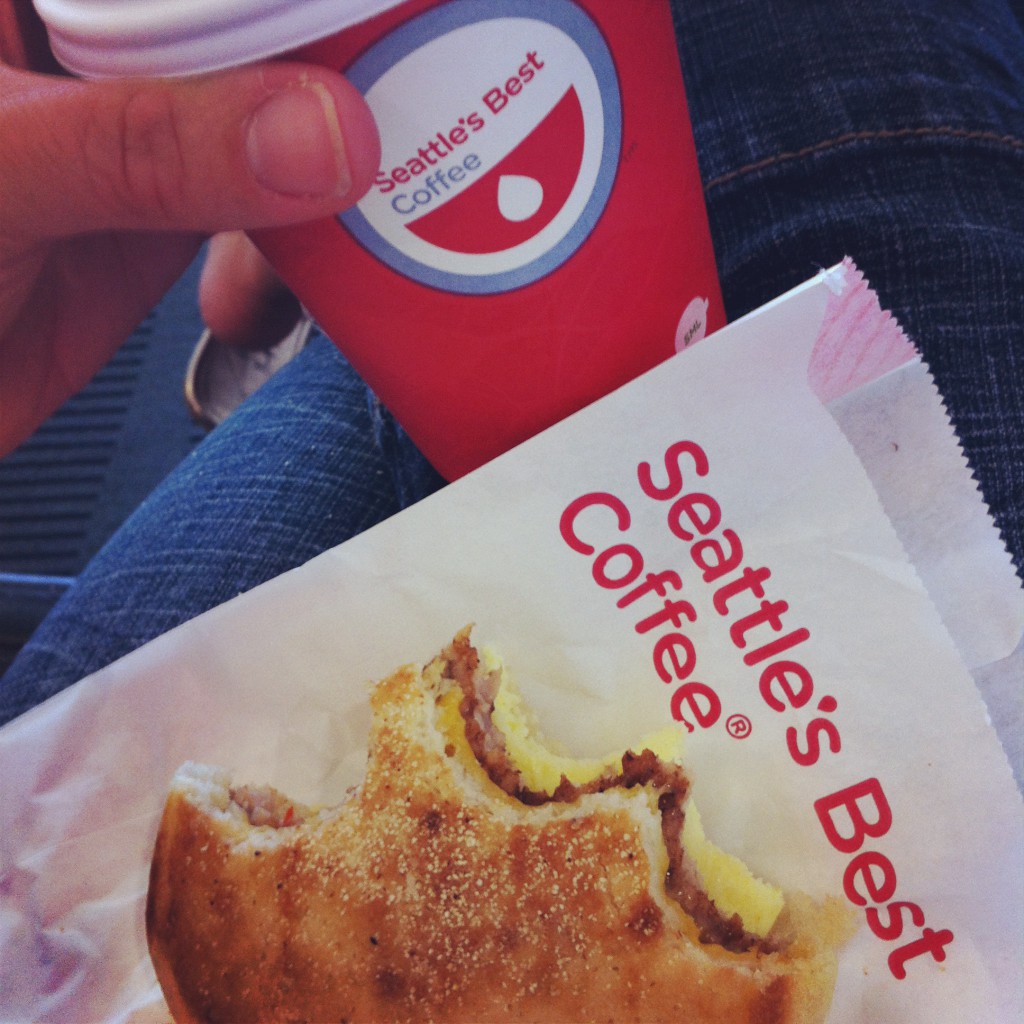 Seattle's Best Coffee and a breakfast sandwich