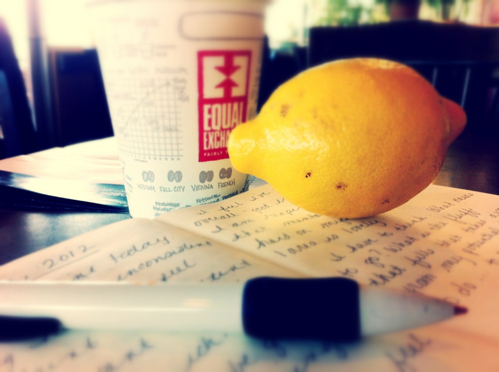 Journaling, coffee, and a lemon. via @jennyonthespot