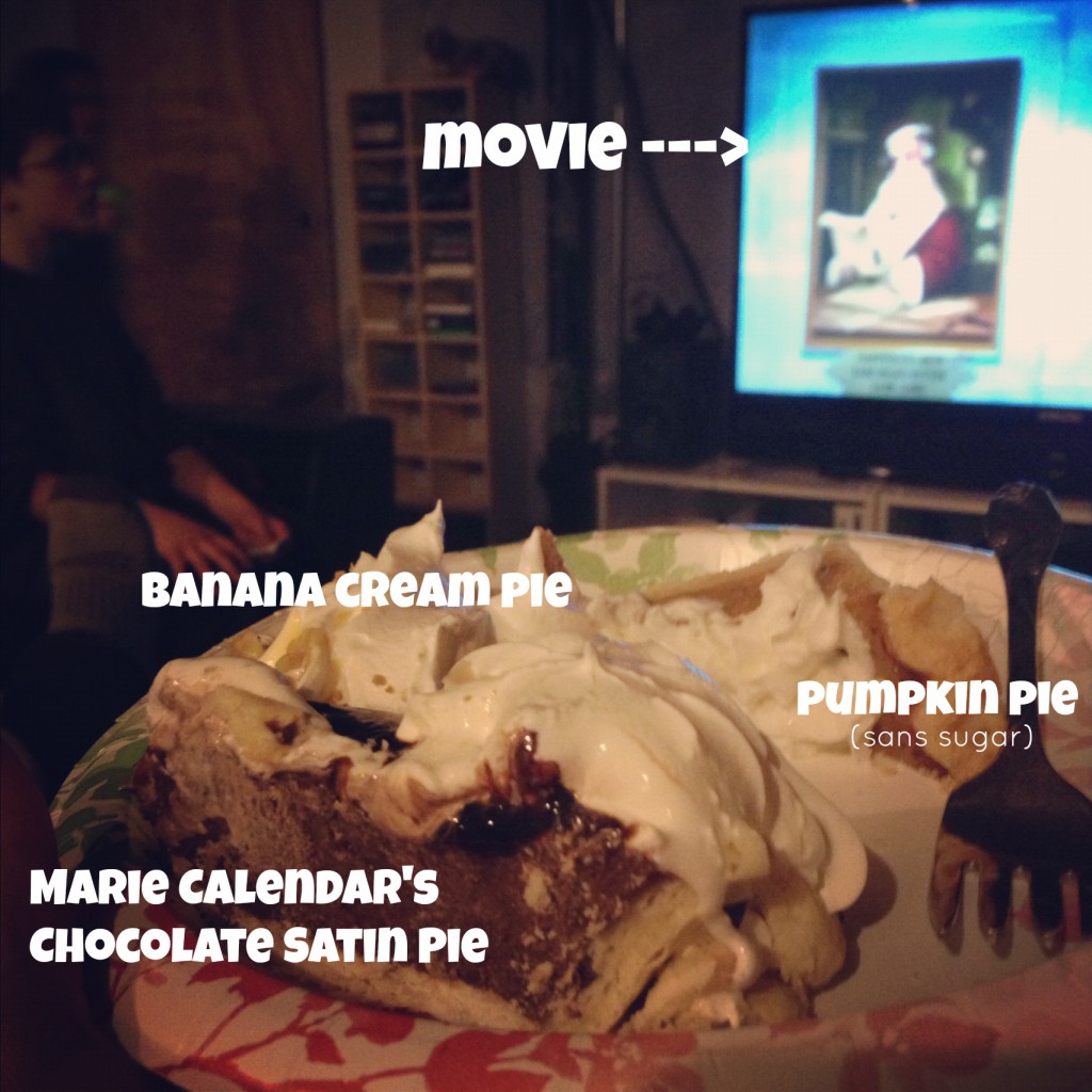 chocolate pie, pumpkin pie, banana pie via @jennyonthespot