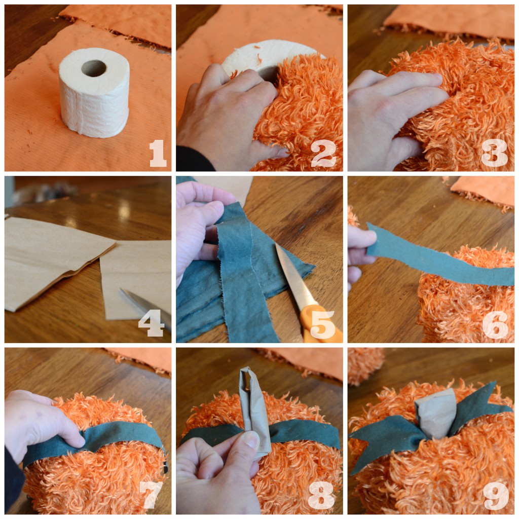 DIY, fabric covered, no-sew toile paper roll pumpkins by @jennyonthespot
